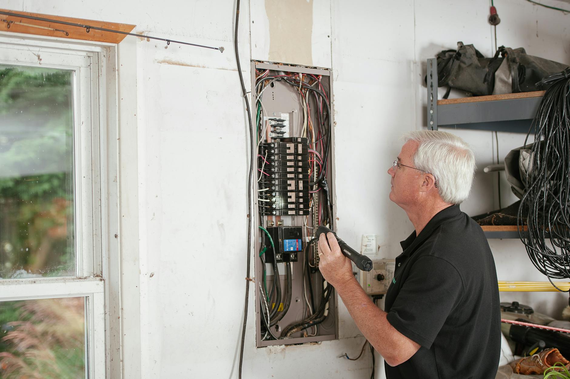 Elektryk sprawdza domową rozdzielnicę, dbając o bezpieczeństwo instalacji